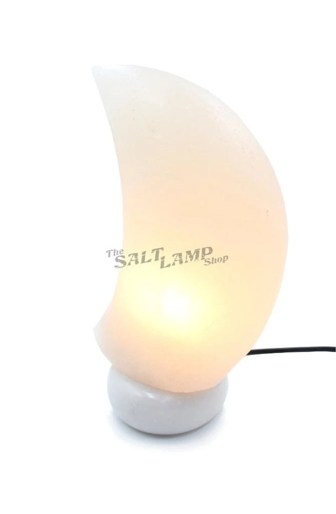 Rare White Moon Crescent Salt Lamp (Sky Blue Marble Base)
